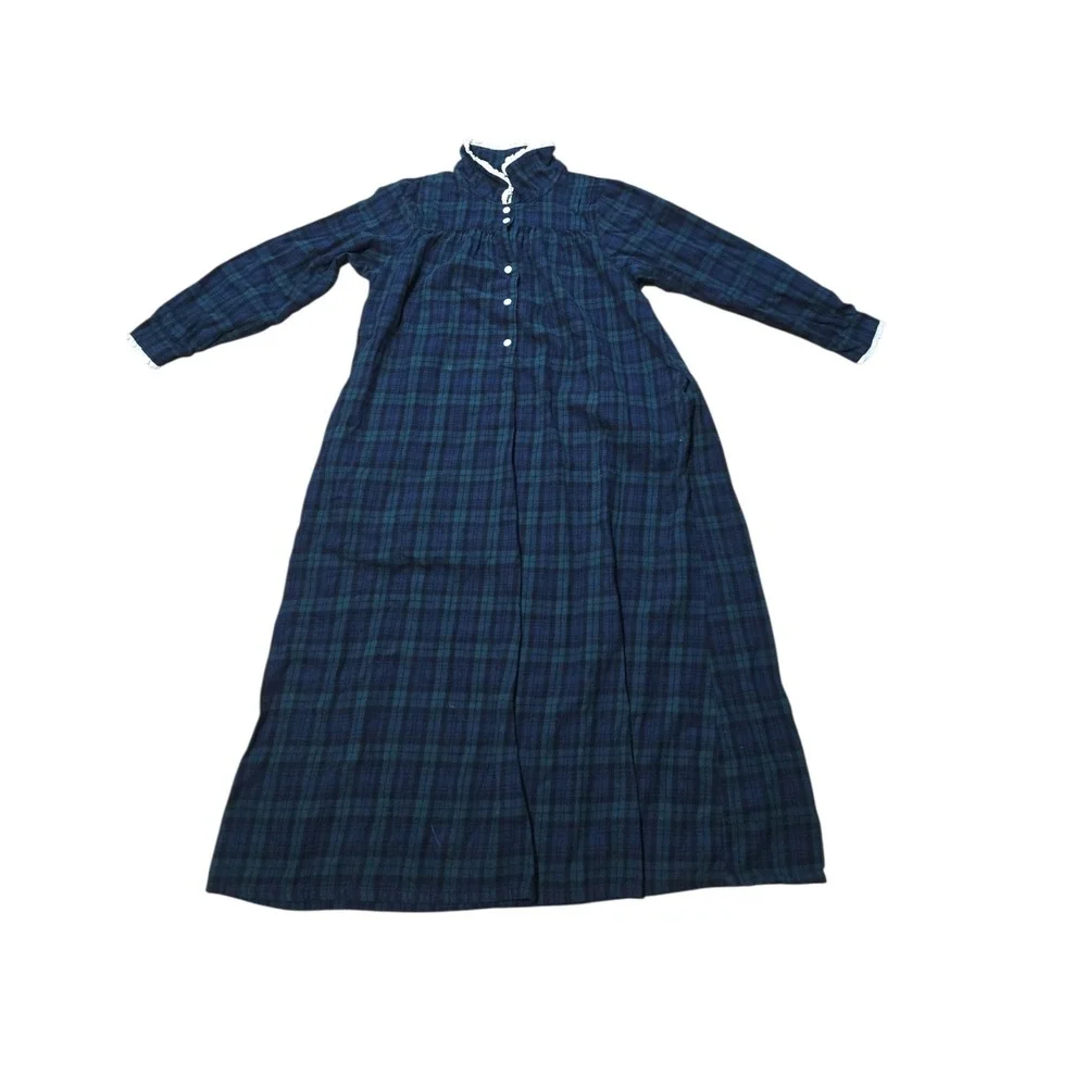 Lanz of Salzburg Green Blue Plaid Flannel Nightgown Maxi Lace Trim PM - Picture 3 of 13